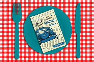Obálka knihy Národné jedlá na grafike taniera, vedľa je nožík a vidlička